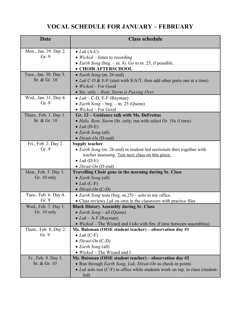 Vocal Schedule for January February