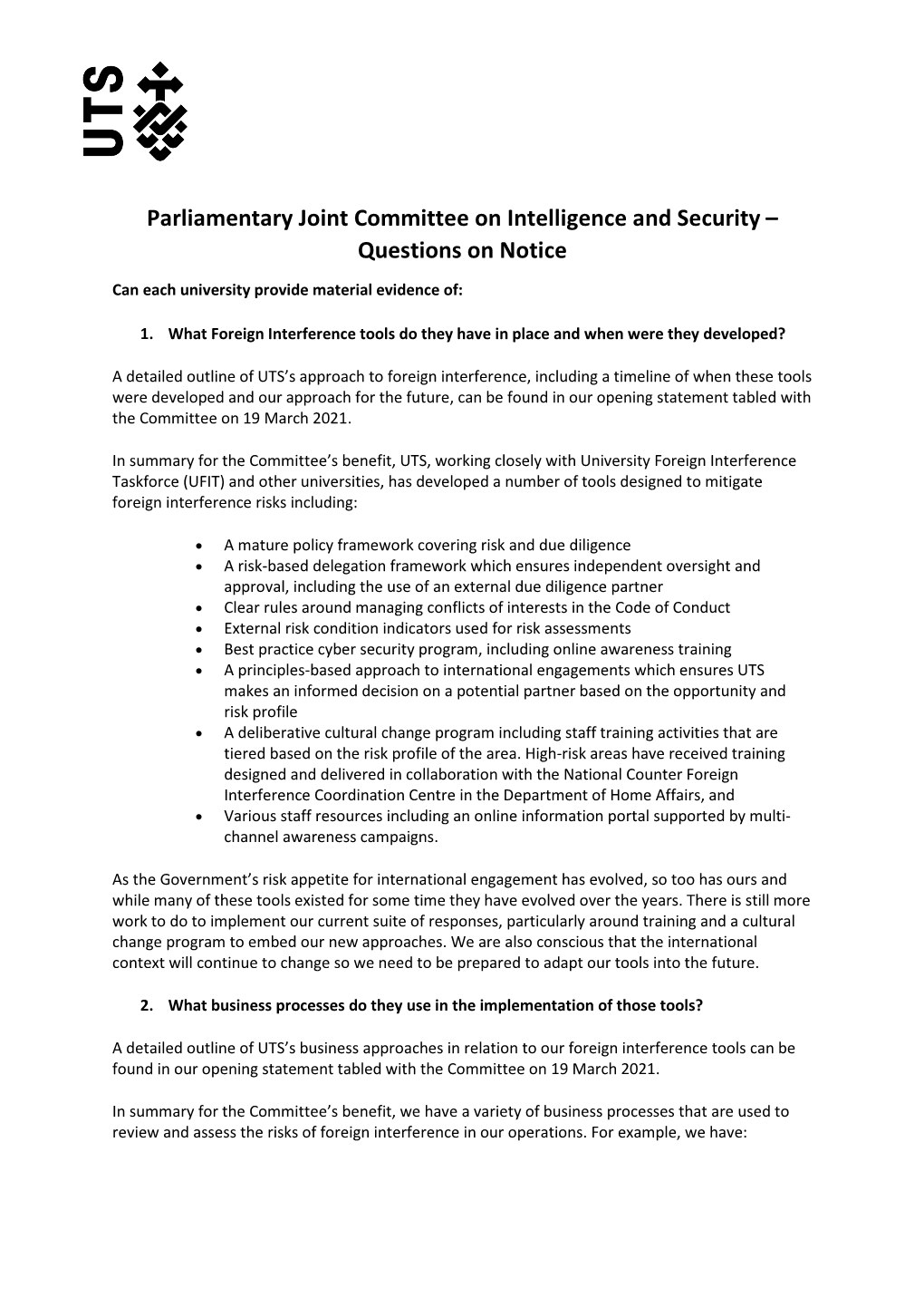 Parliamentary Joint Committee on Intelligence and Security – Questions on Notice