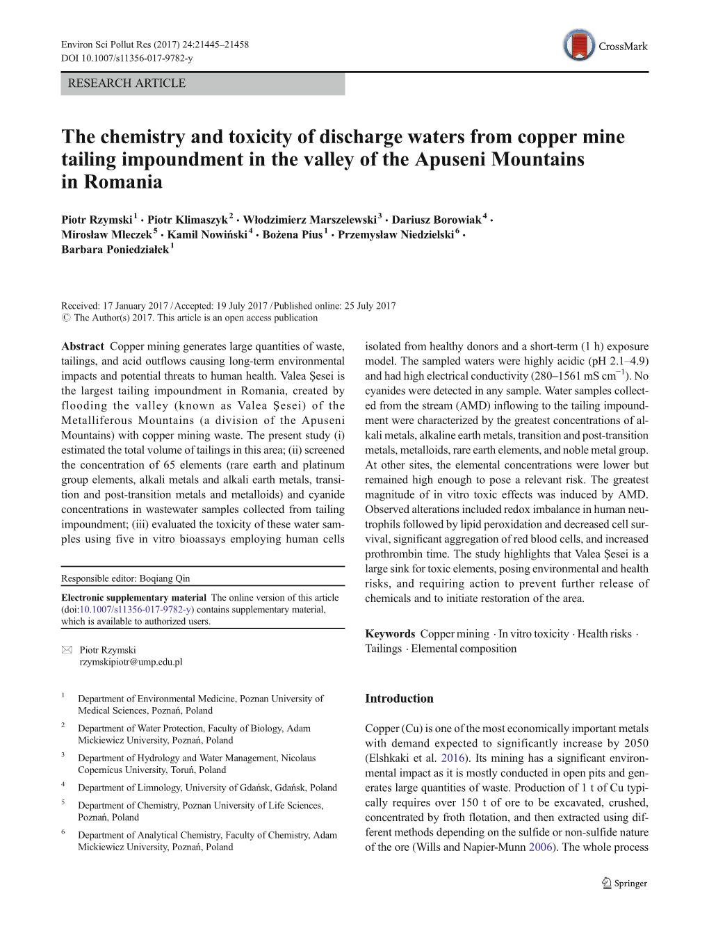 The Chemistry and Toxicity of Discharge Waters from Copper Mine Tailing Impoundment in the Valley of the Apuseni Mountains in Romania