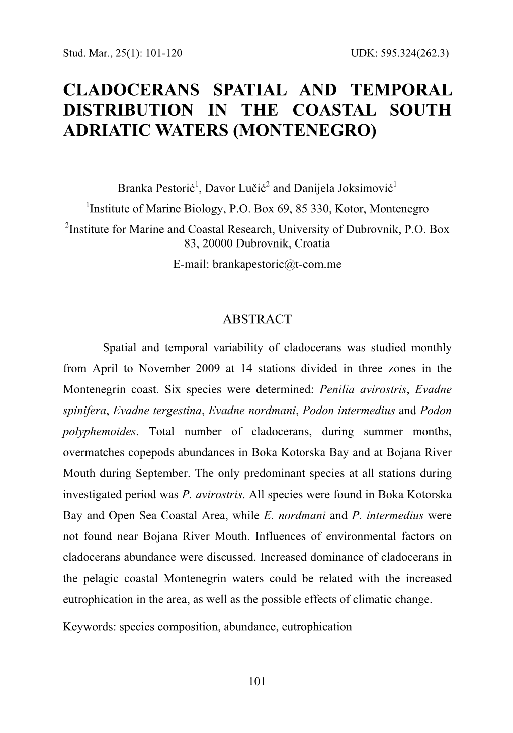 Cladocerans Spatial and Temporal Distribution in the Coastal South Adriatic Waters (Montenegro)