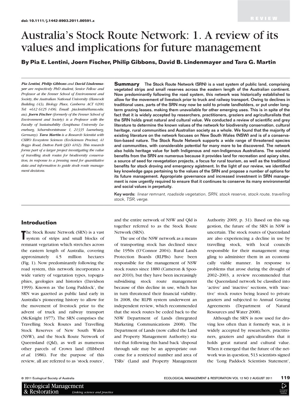 Australias Stock Route Network: 1. a Review of Its Values and Implications for Future Management