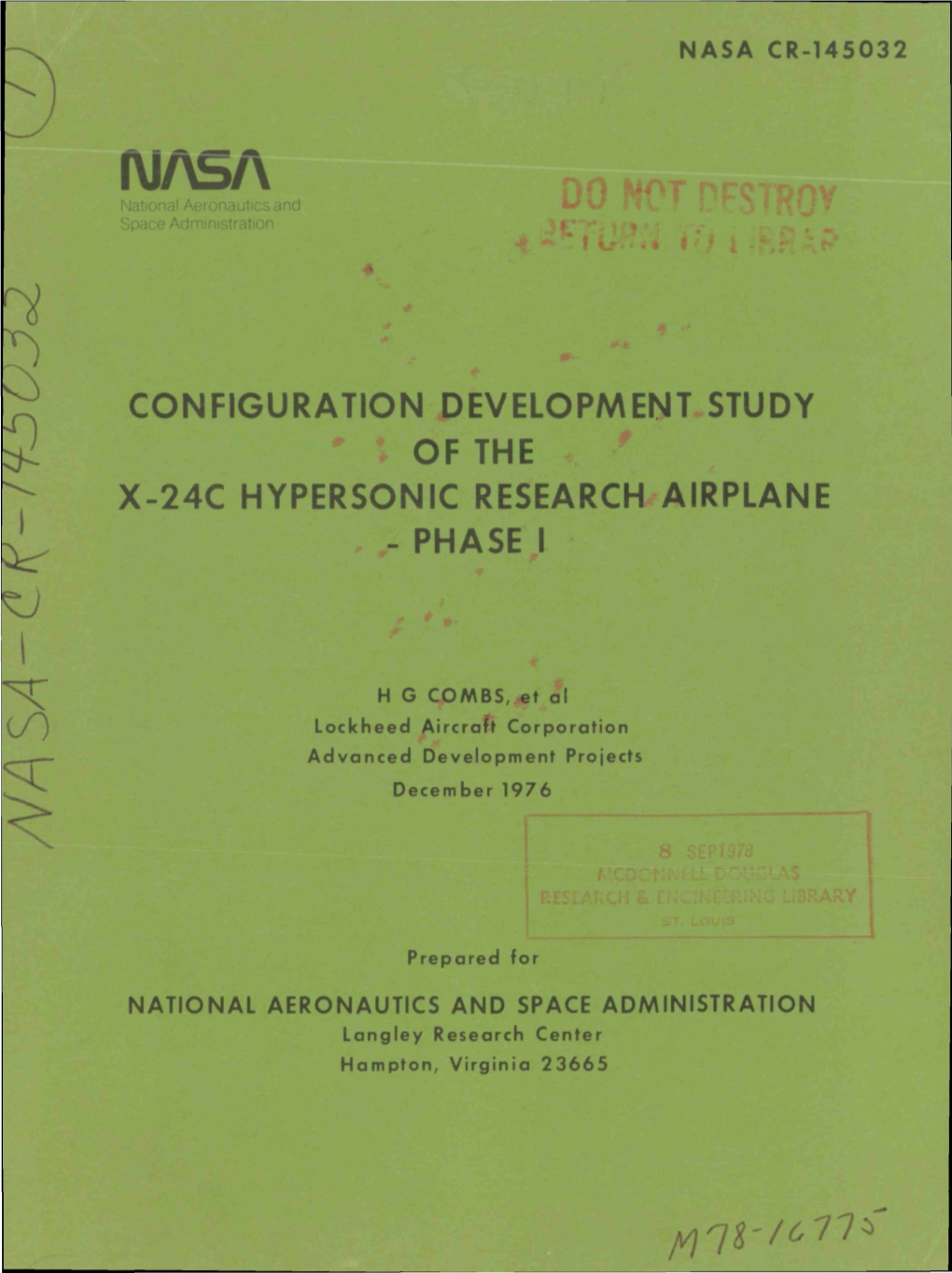 Configuration Development Study of the X-24C Hypersonic Research Airplane - Phase I