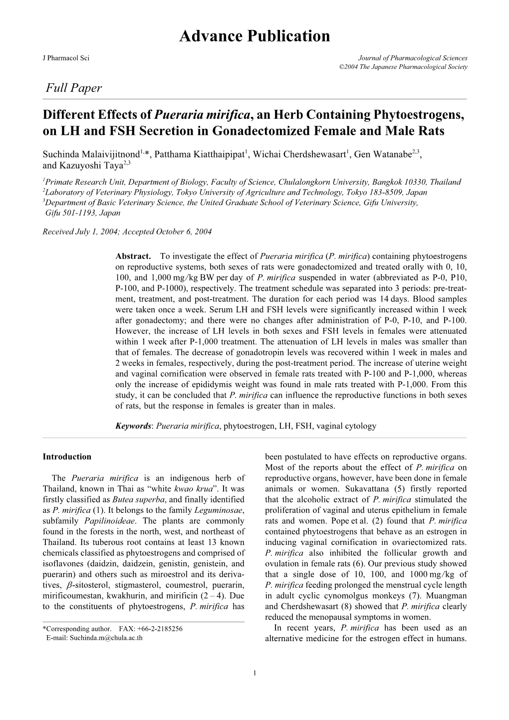 Different Effects of Pueraria Mirifica, an Herb Containing Phytoestrogens