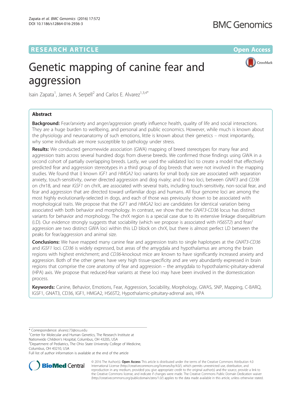 Genetic Mapping of Canine Fear and Aggression Isain Zapata1, James A