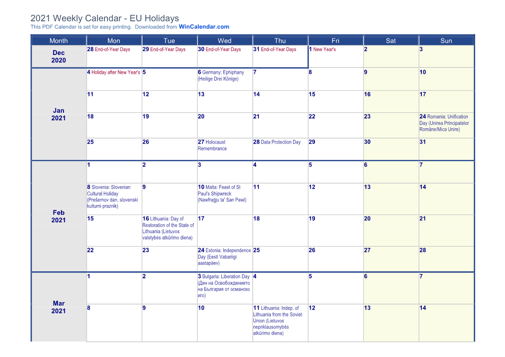 EU 2021 Calendar