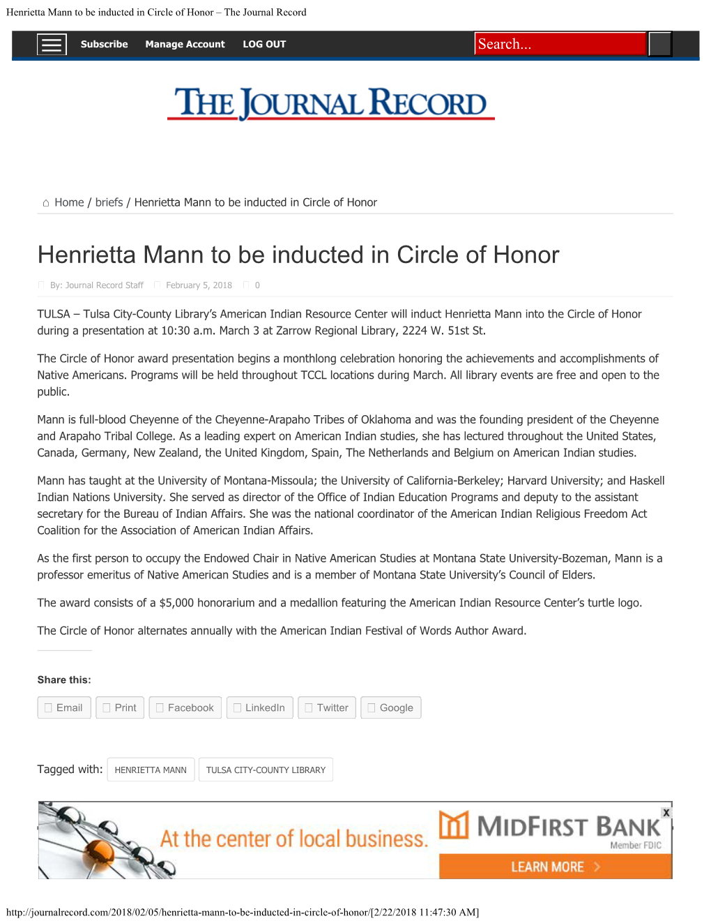 Henrietta Mann to Be Inducted in Circle of Honor – the Journal Record