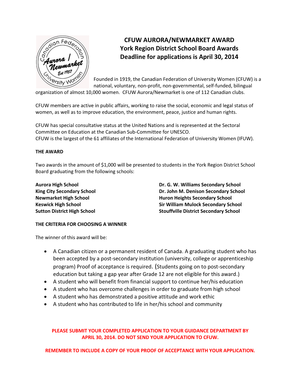 CFUW AURORA/NEWMARKET AWARD York Region District School Board Awards Deadline for Applications Is April 30, 2014