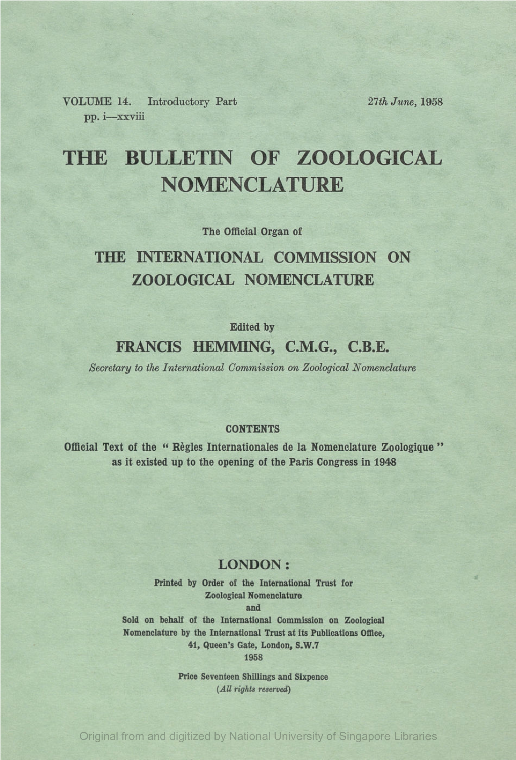 The Bulletin of Zoological Nomenclature. Vol 14, Intro
