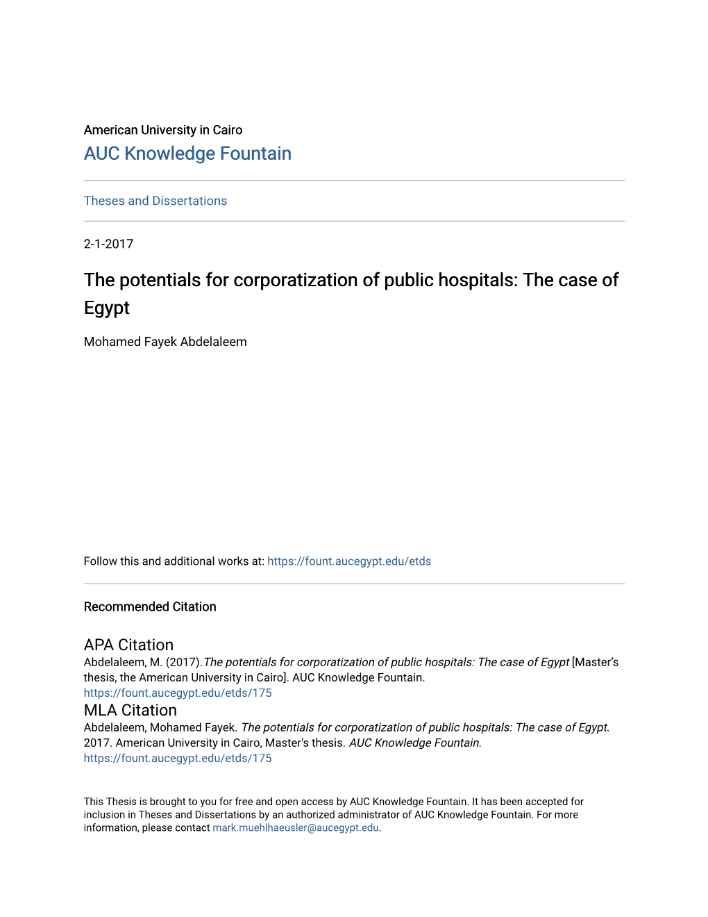 The Potentials for Corporatization of Public Hospitals: the Case of Egypt