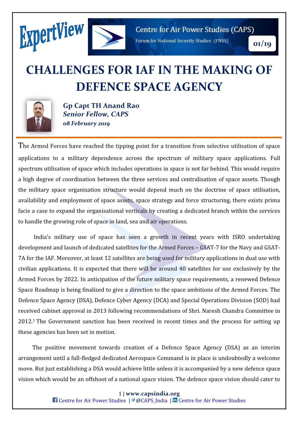 Challenges for Iaf in the Making of Defence Space Agency