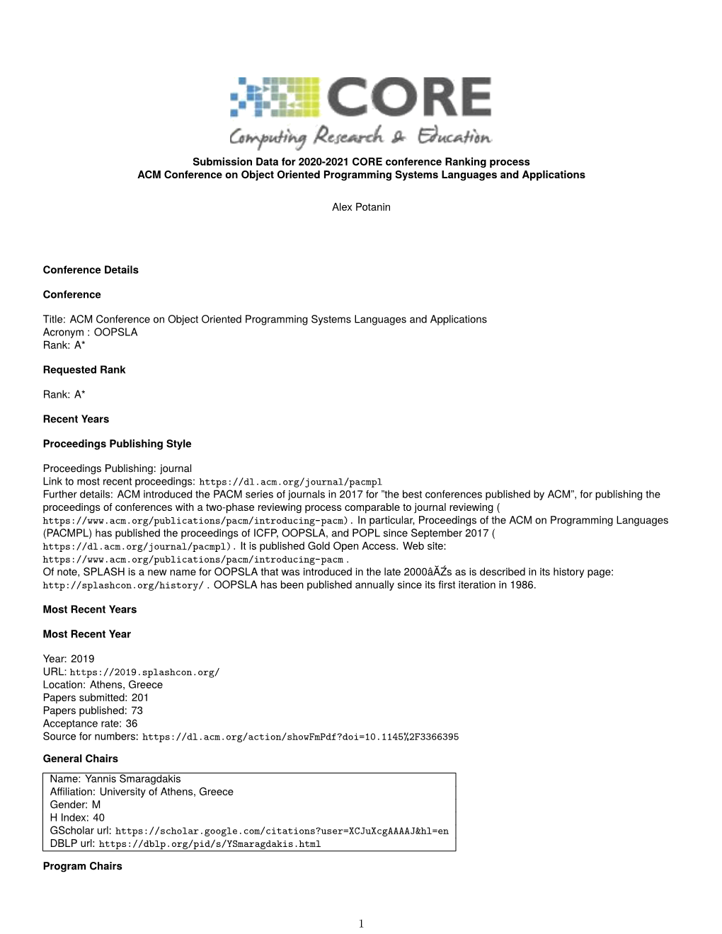 Submission Data for 2020-2021 CORE Conference Ranking Process ACM Conference on Object Oriented Programming Systems Languages and Applications