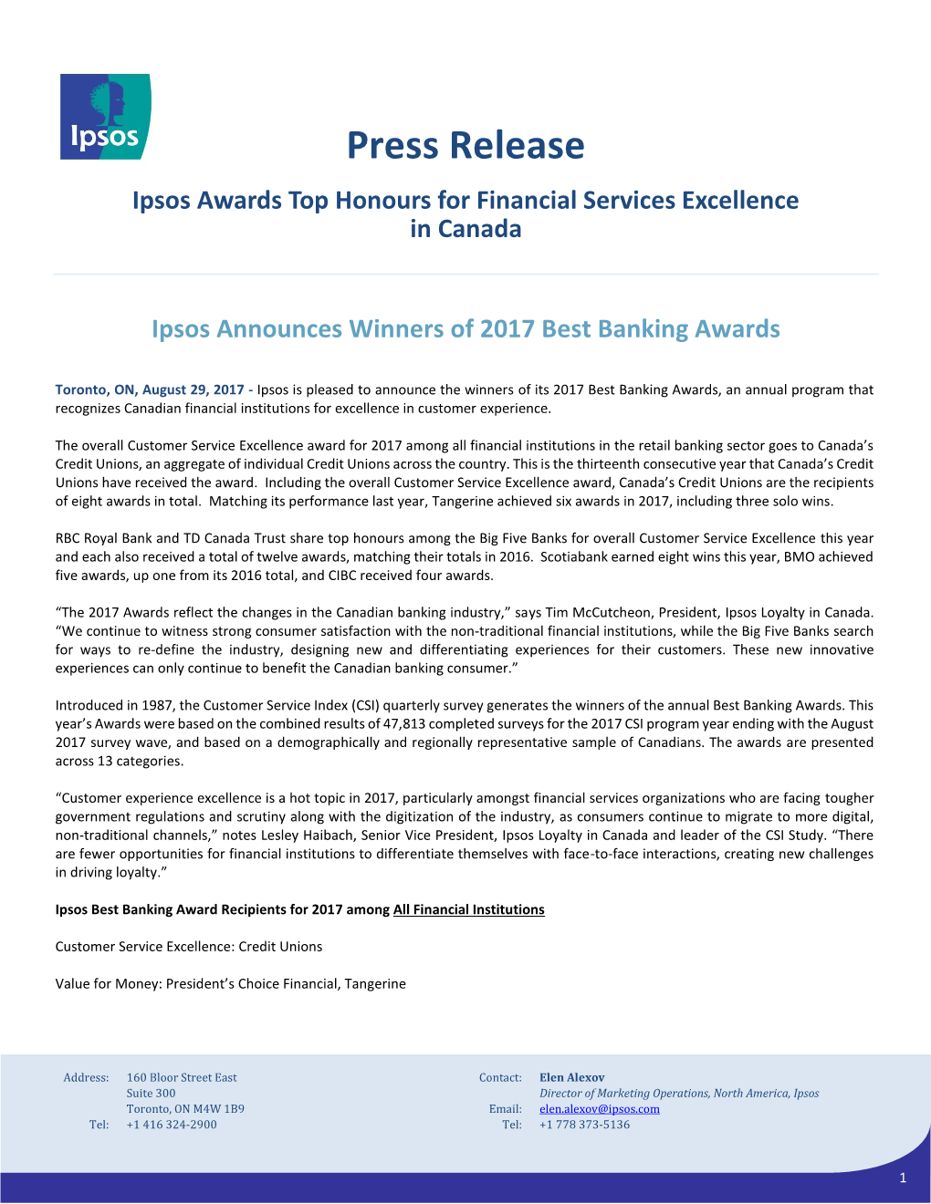 Press Release Ipsos Awards Top Honours for Financial Services Excellence in Canada