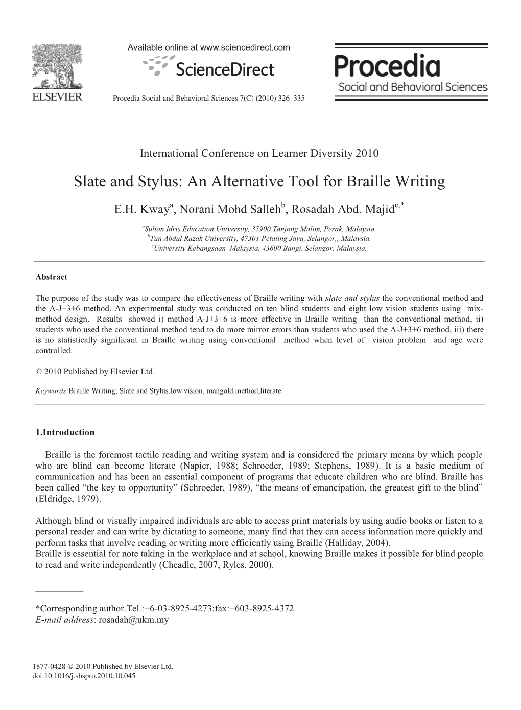 Slate and Stylus: an Alternative Tool for Braille Writing