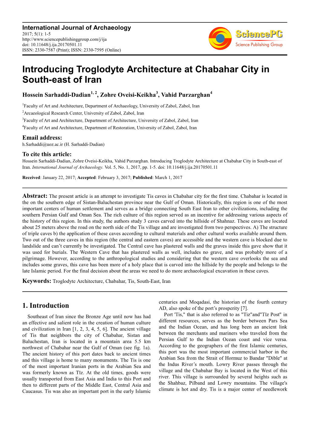 Introducing Troglodyte Architecture at Chabahar City in South-East of Iran