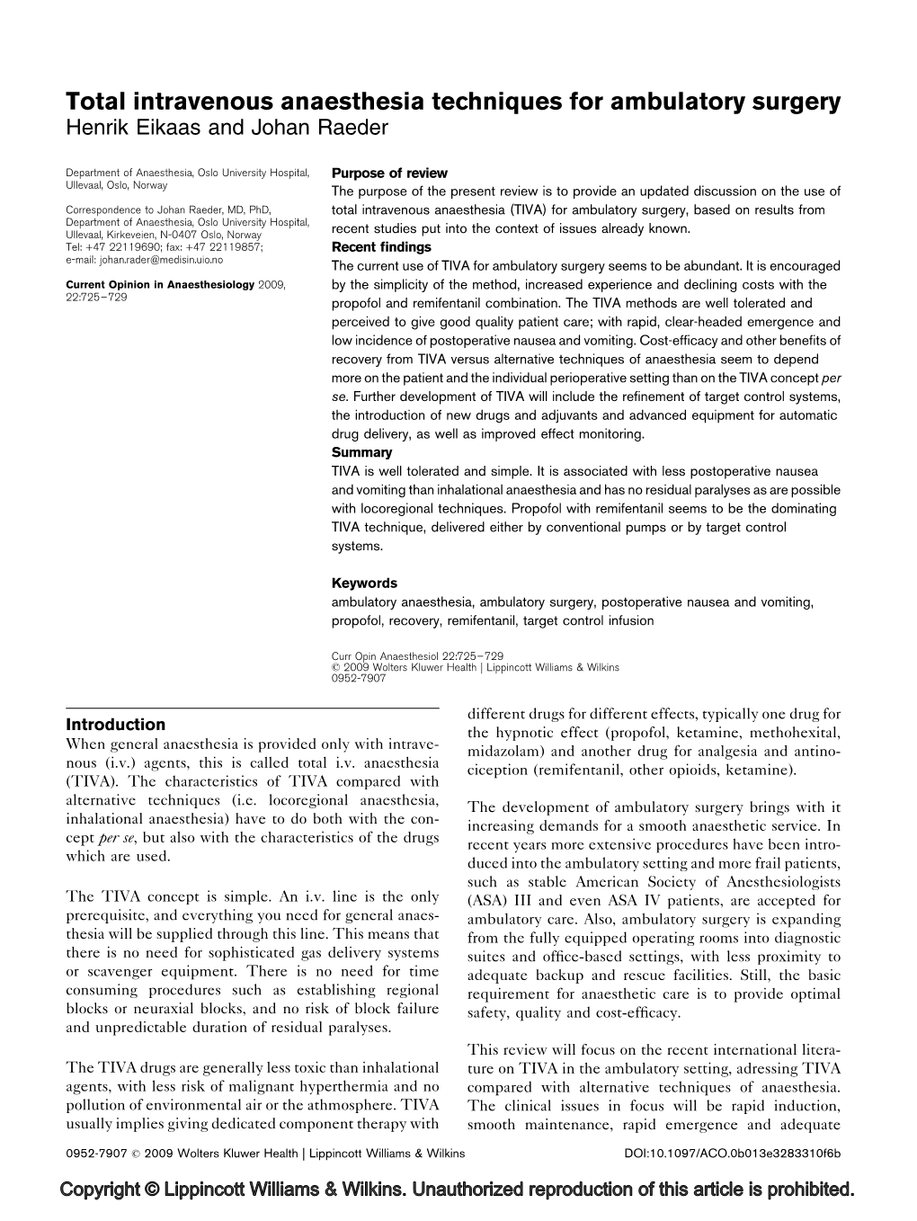 Total Intravenous Anaesthesia Techniques for Ambulatory Surgery Henrik Eikaas and Johan Raeder