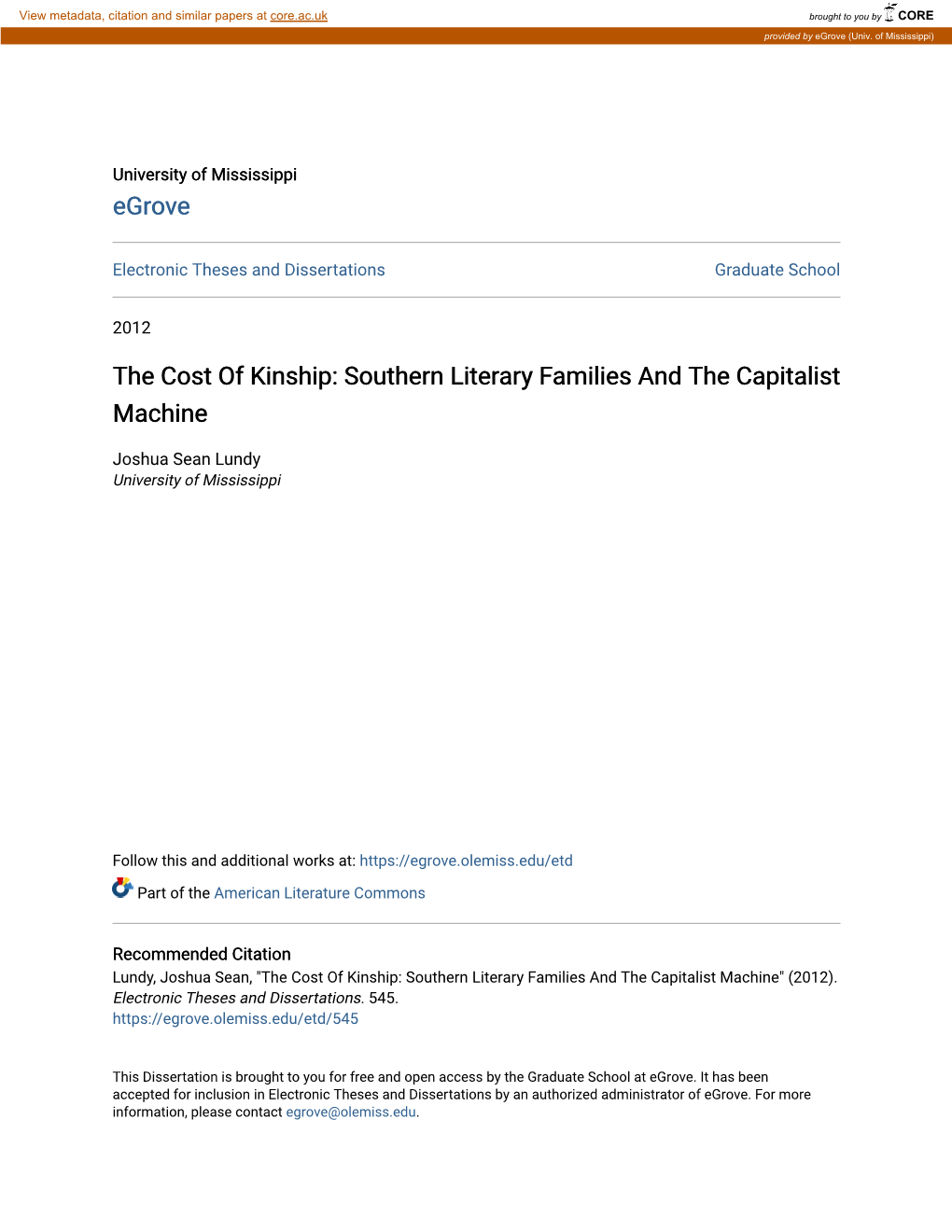 The Cost of Kinship: Southern Literary Families and the Capitalist Machine