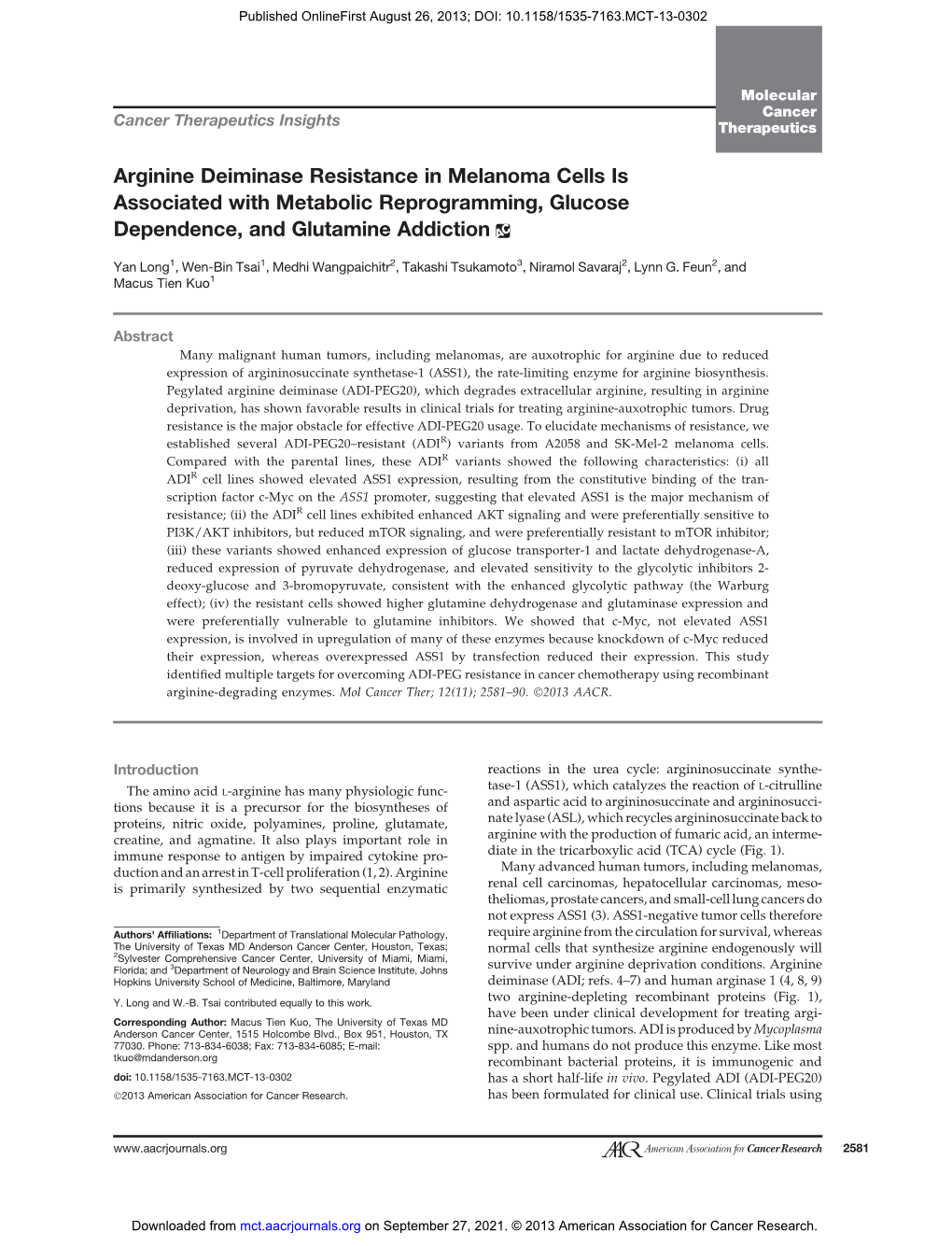 Arginine Deiminase Resistance in Melanoma Cells Is Associated with Metabolic Reprogramming, Glucose Dependence, and Glutamine Addiction