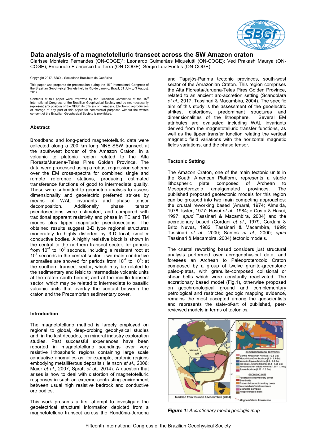 Data Analysis of a Magnetotelluric Transect Across the SW Amazon Craton