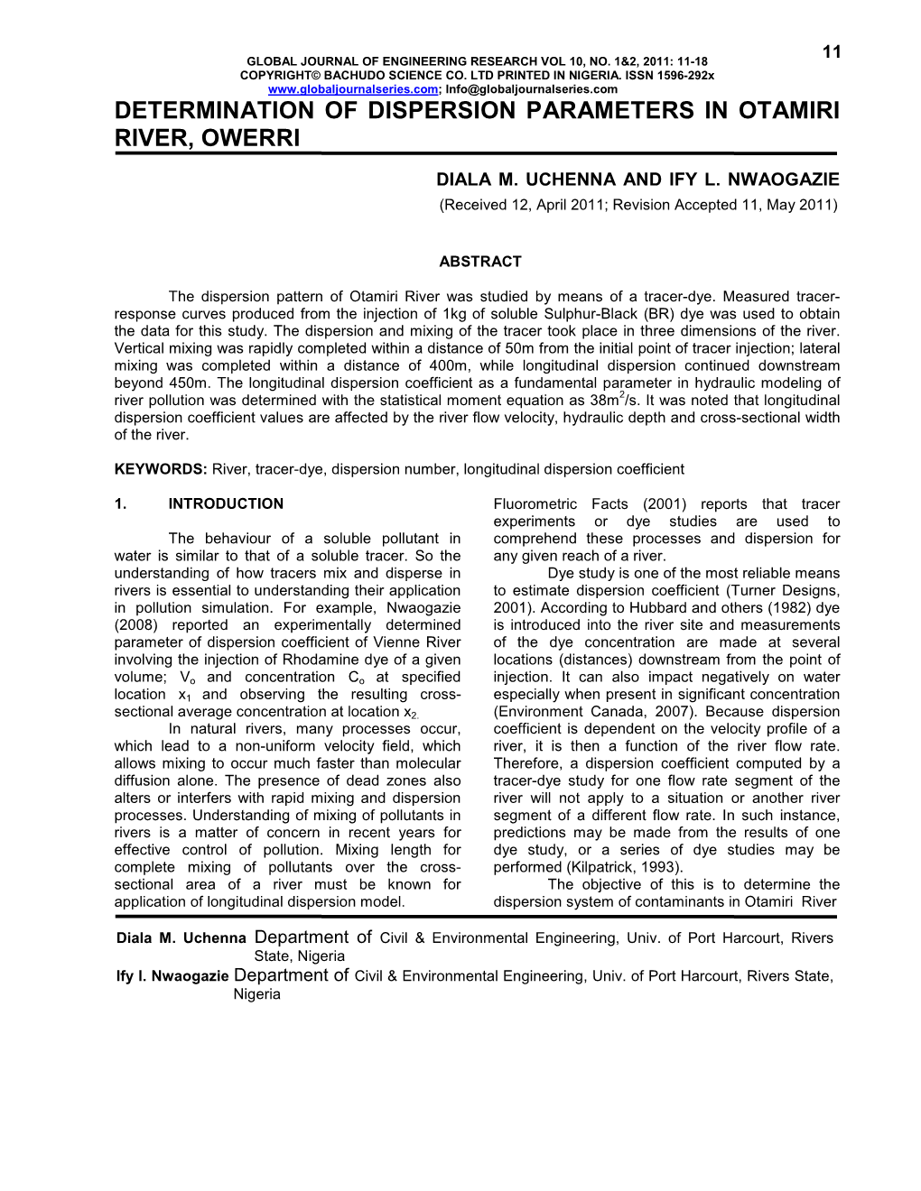 Determination of Dispersion Parameters in Otamiri River, Owerri