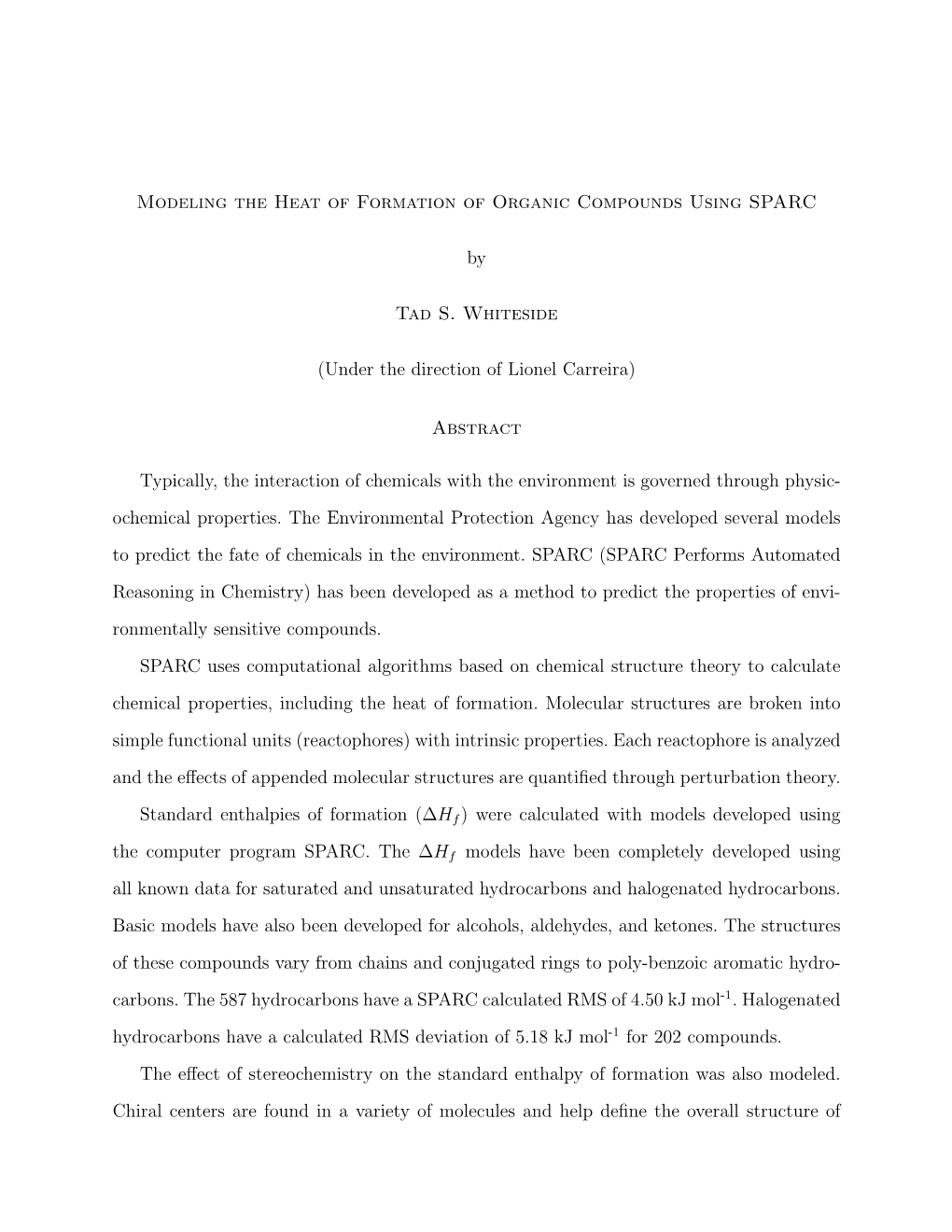 Modeling the Heat of Formation of Organic Compounds Using SPARC