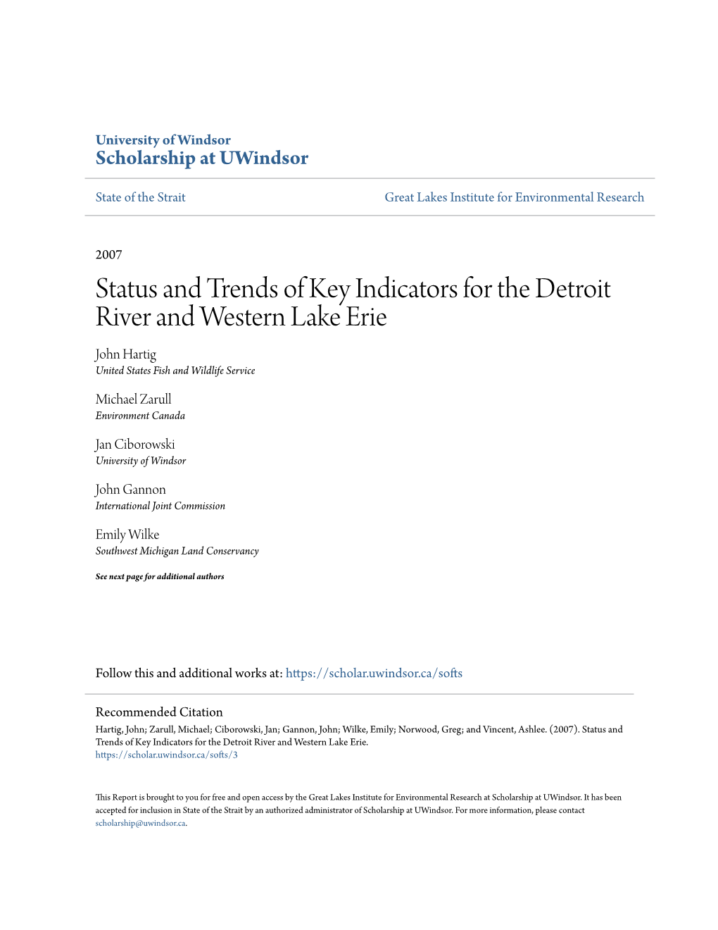 Status and Trends of Key Indicators for the Detroit River and Western Lake Erie John Hartig United States Fish and Wildlife Service
