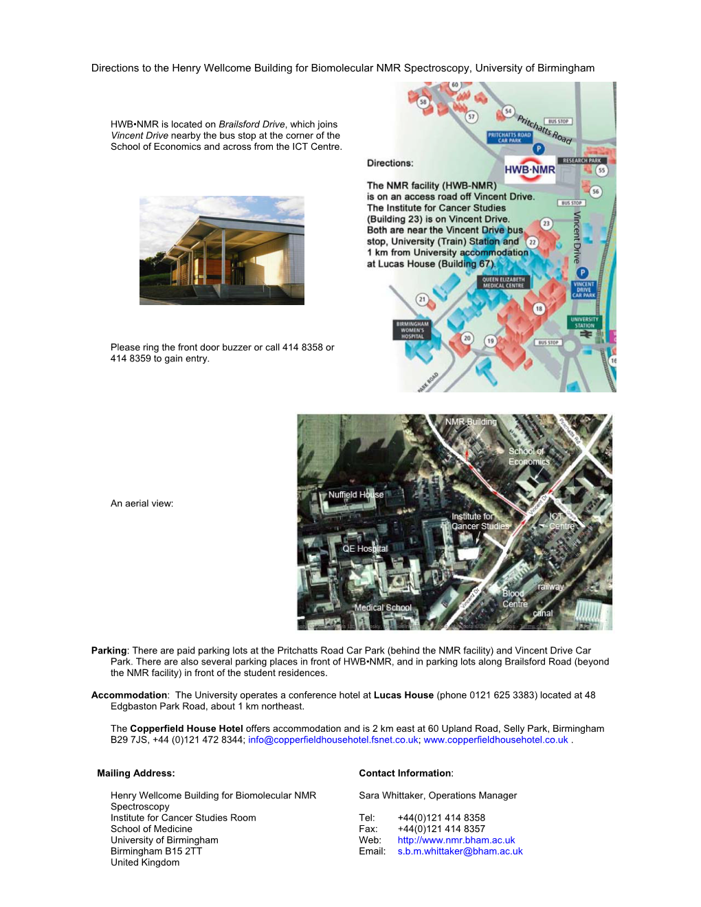 Directions to the Henry Wellcome Building for Biomolecular NMR Spectroscopy, University of Birmingham