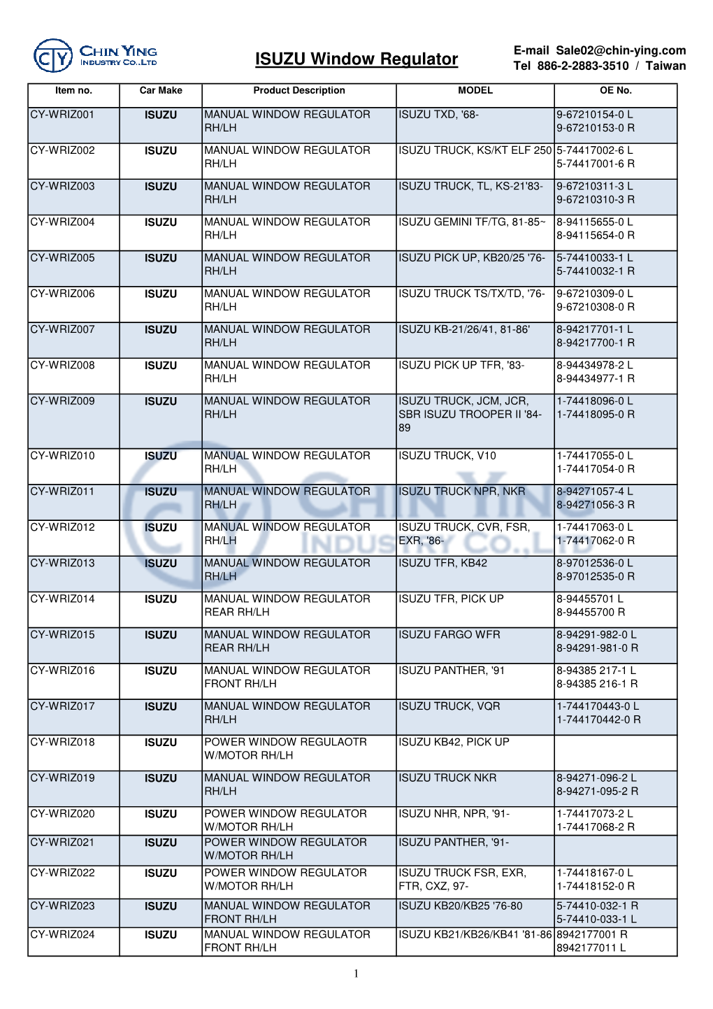 ISUZU Window Regulator Tel 886-2-2883-3510 / Taiwan