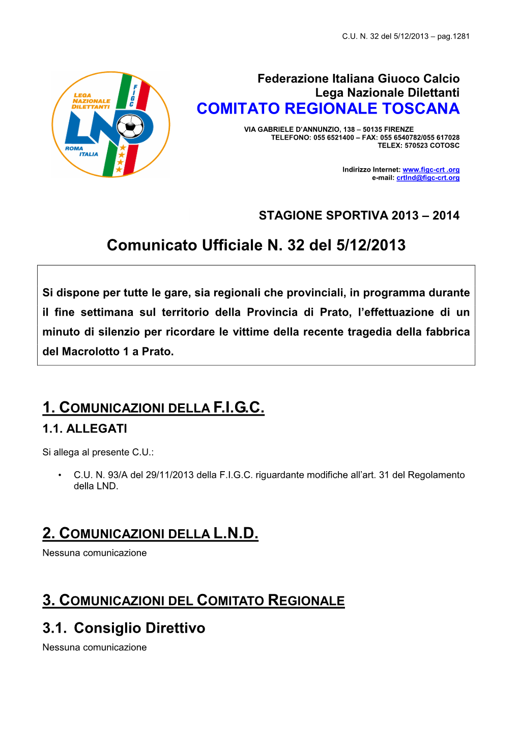 Comunicato Ufficiale N. 32 Del 5/12/2013 COMITATO REGIONALE