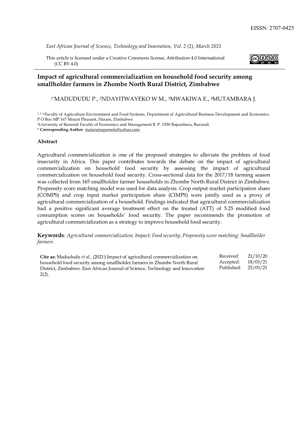 Impact of Agricultural Commercialization on Household Food Security Among Smallholder Farmers in Zhombe North Rural District, Zimbabwe