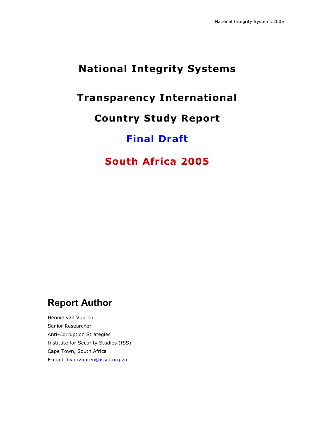 National Integrity Systems Transparency International Country