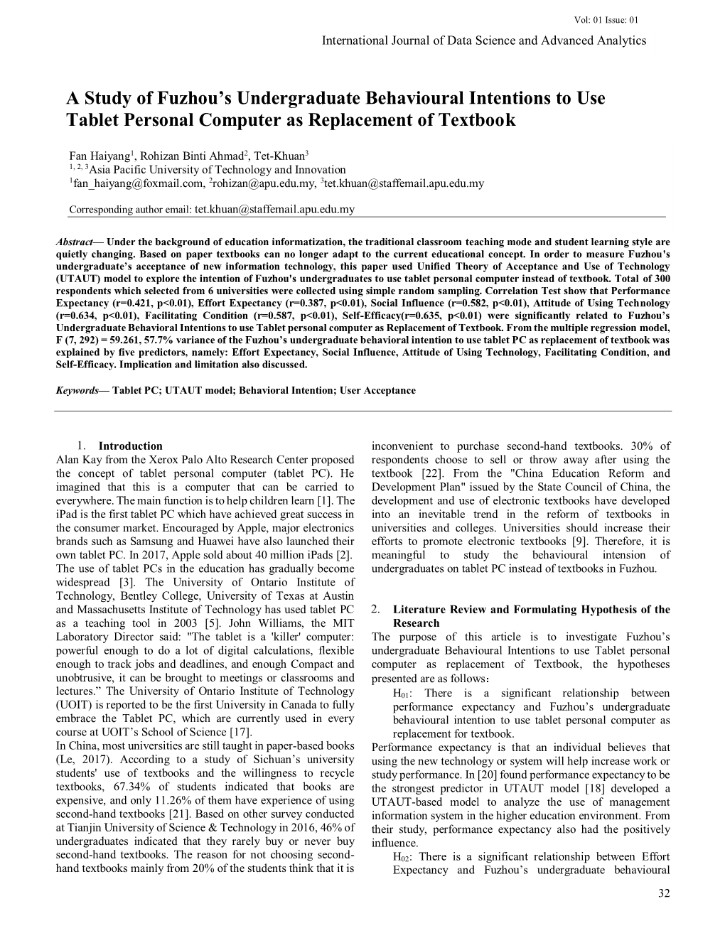 A Study of Fuzhou's Undergraduate Behavioural Intentions to Use