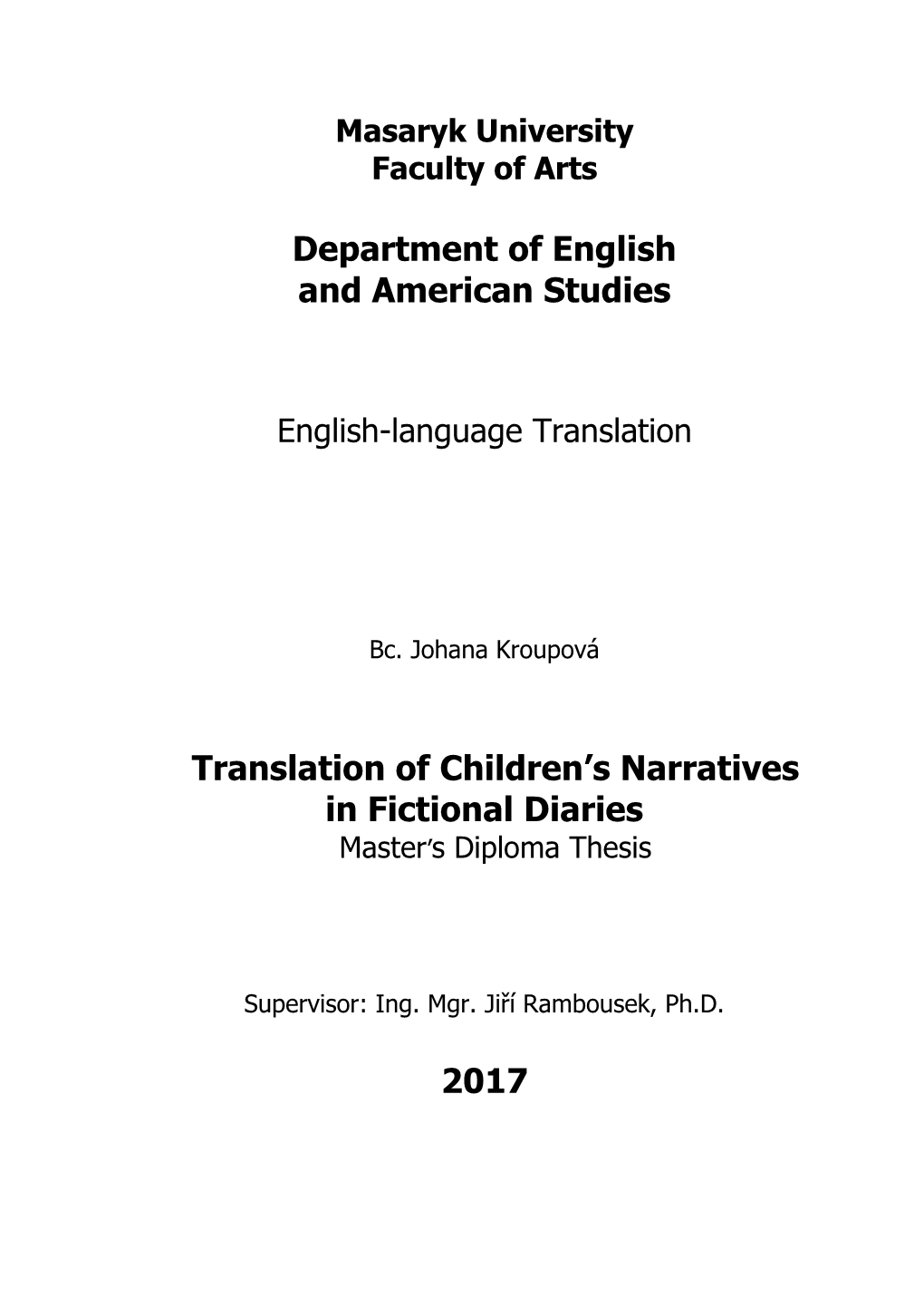 Department of English and American Studies Translation of Children's