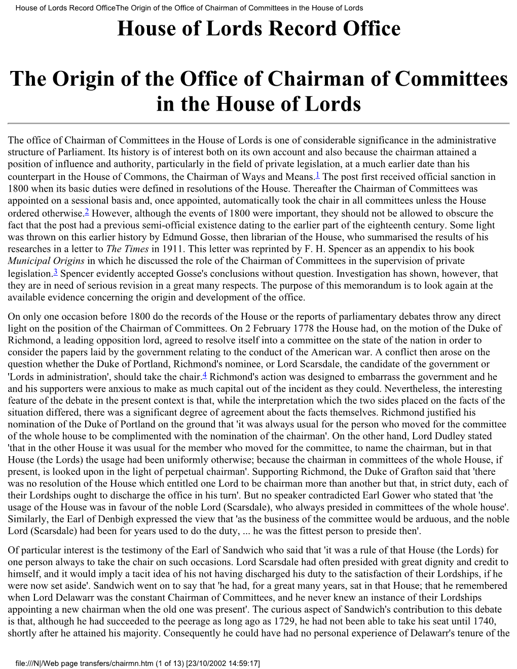 The Origin of the Office of Chairman of Committees in the House of Lords House of Lords Record Office