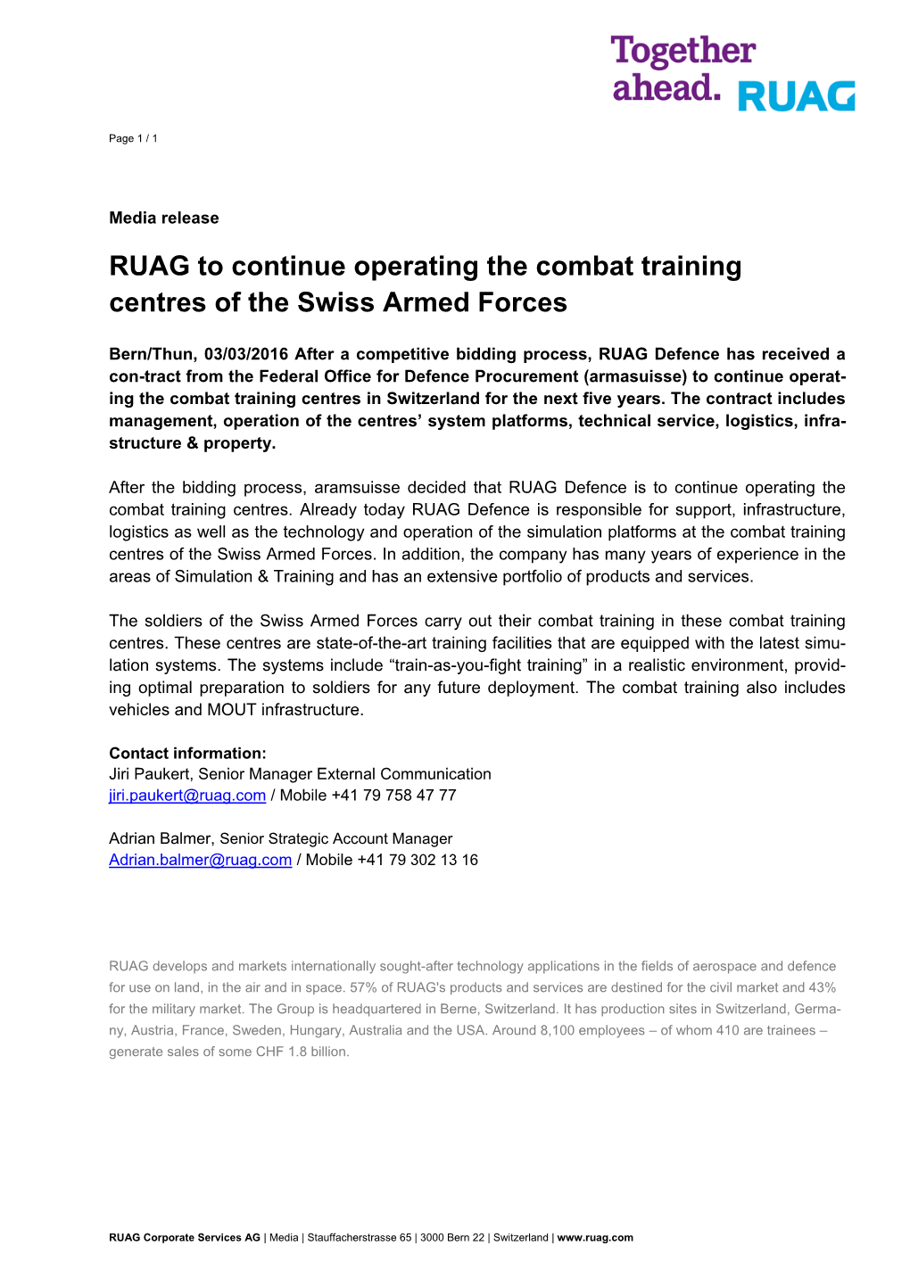 RUAG to Continue Operating the Combat Training Centres of the Swiss Armed Forces