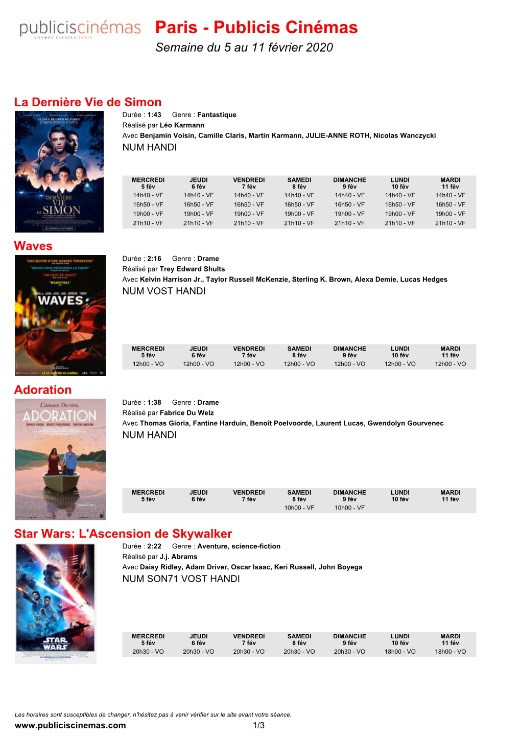 Paris - Publicis Cinémas Semaine Du 5 Au 11 Février 2020