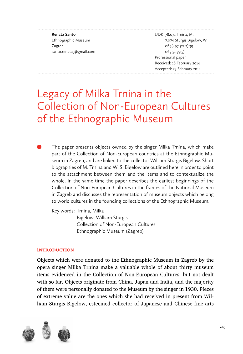 Legacy of Milka Trnina in the Collection of Non-European Cultures of the Ethnographic Museum