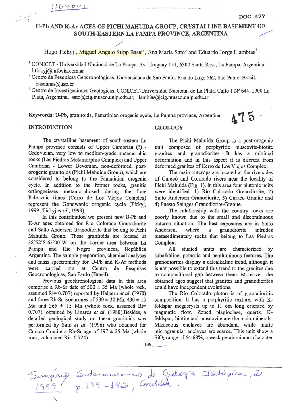 V-Pb and K-Ar AGES of PICHI MAHUIDA GROUP, CRYSTALLINE