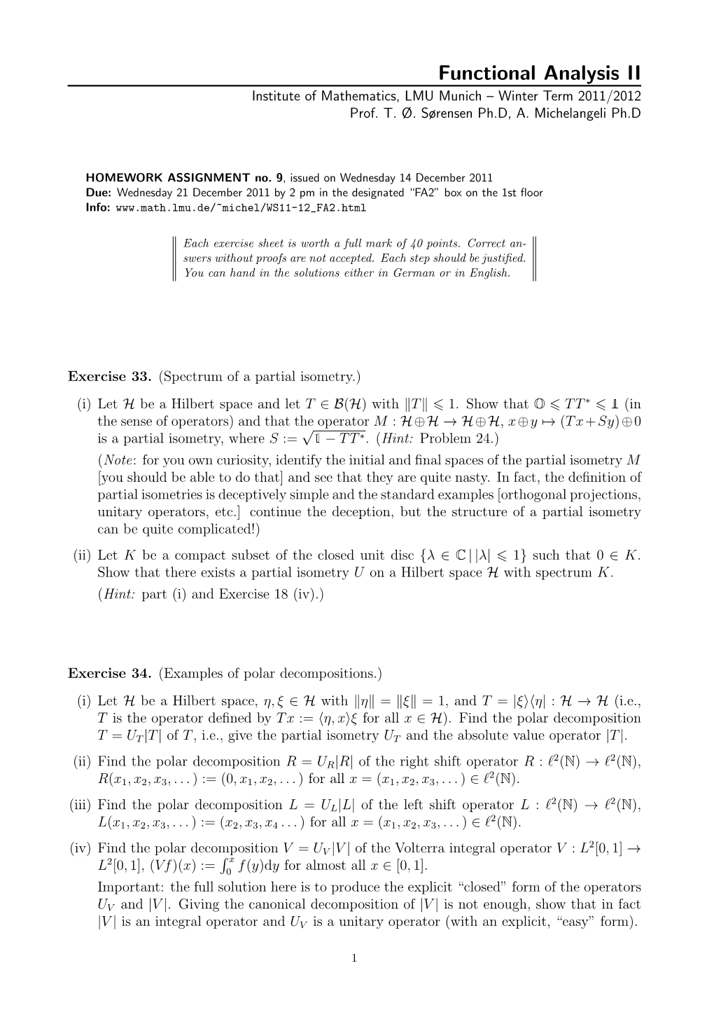 Functional Analysis II Institute of Mathematics, LMU Munich – Winter Term 2011/2012 Prof