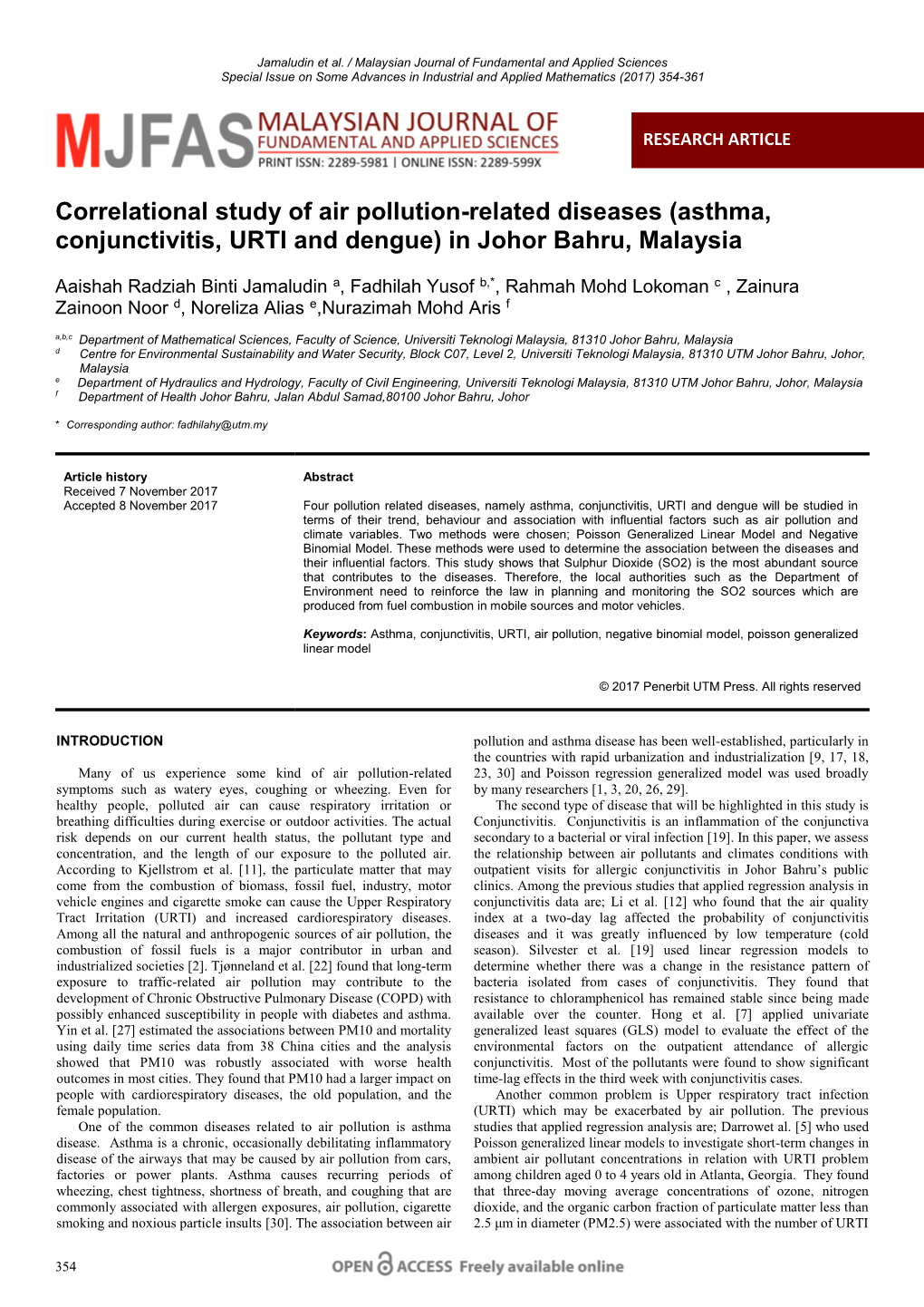 Correlational Study of Air Pollution-Related Diseases (Asthma, Conjunctivitis, URTI and Dengue) in Johor Bahru, Malaysia