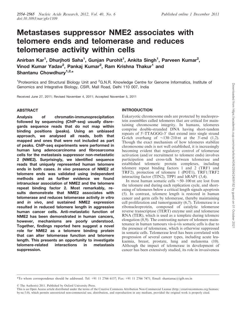 Metastases Suppressor NME2 Associates with Telomere Ends And