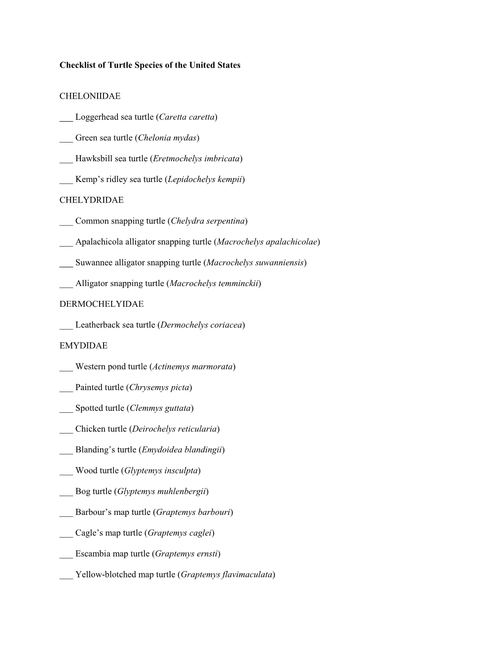 Checklist and Designations of Status for Florida Turtles