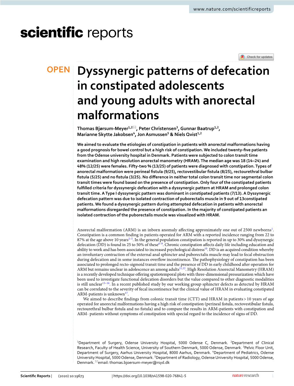 Dyssynergic Patterns of Defecation in Constipated Adolescents and Young Adults with Anorectal Malformations