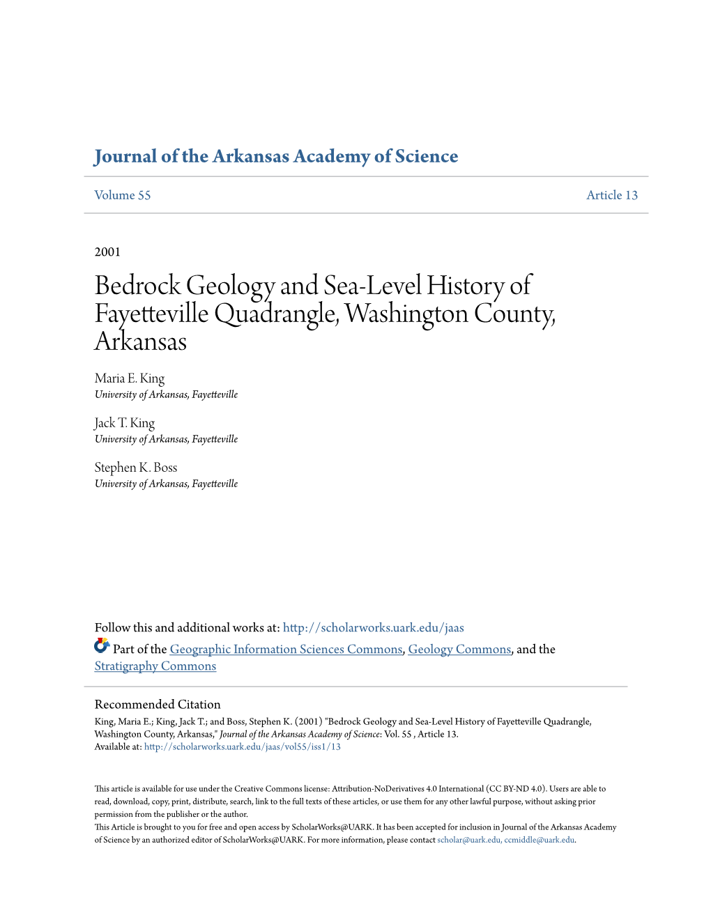 Bedrock Geology and Sea-Level History of Fayetteville Quadrangle, Washington County, Arkansas Maria E