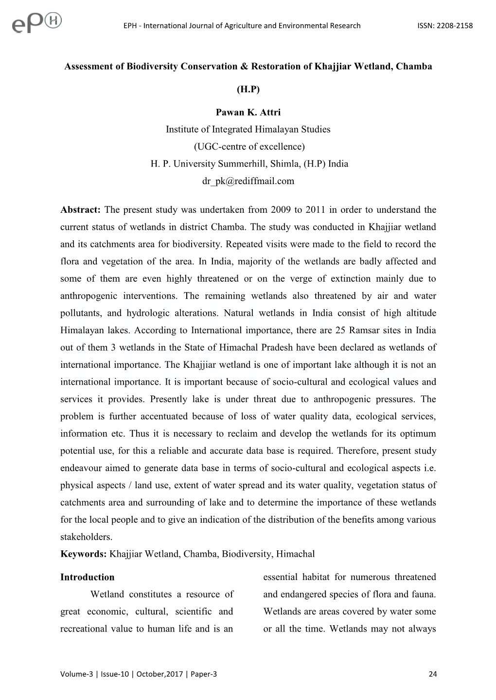 Assessment of Biodiversity Conservation & Restoration of Khajjiar Wetland, Chamba