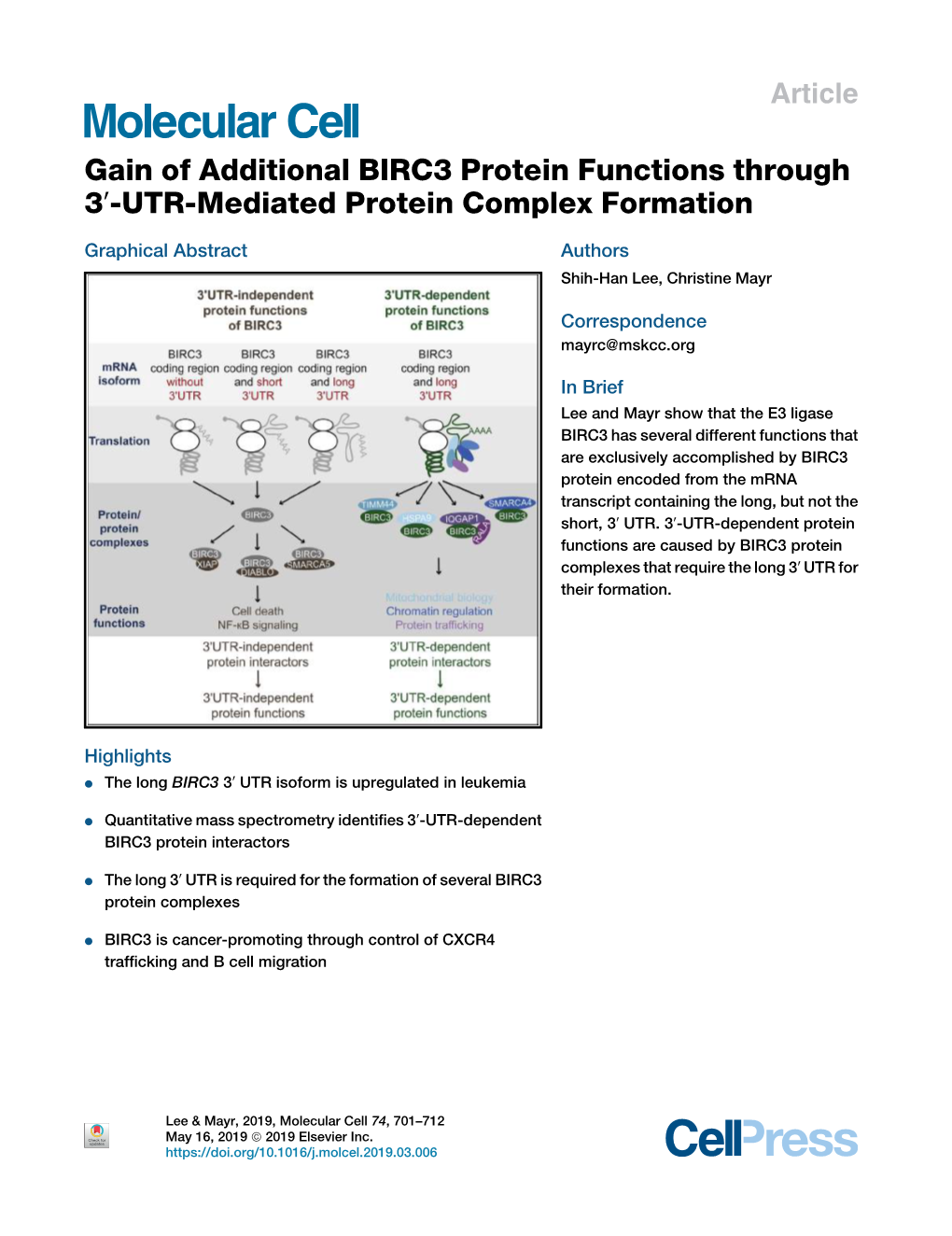 Gain of Additional BIRC3 Protein Functions Through 3ʹ-UTR-Mediated Protein Complex Formation