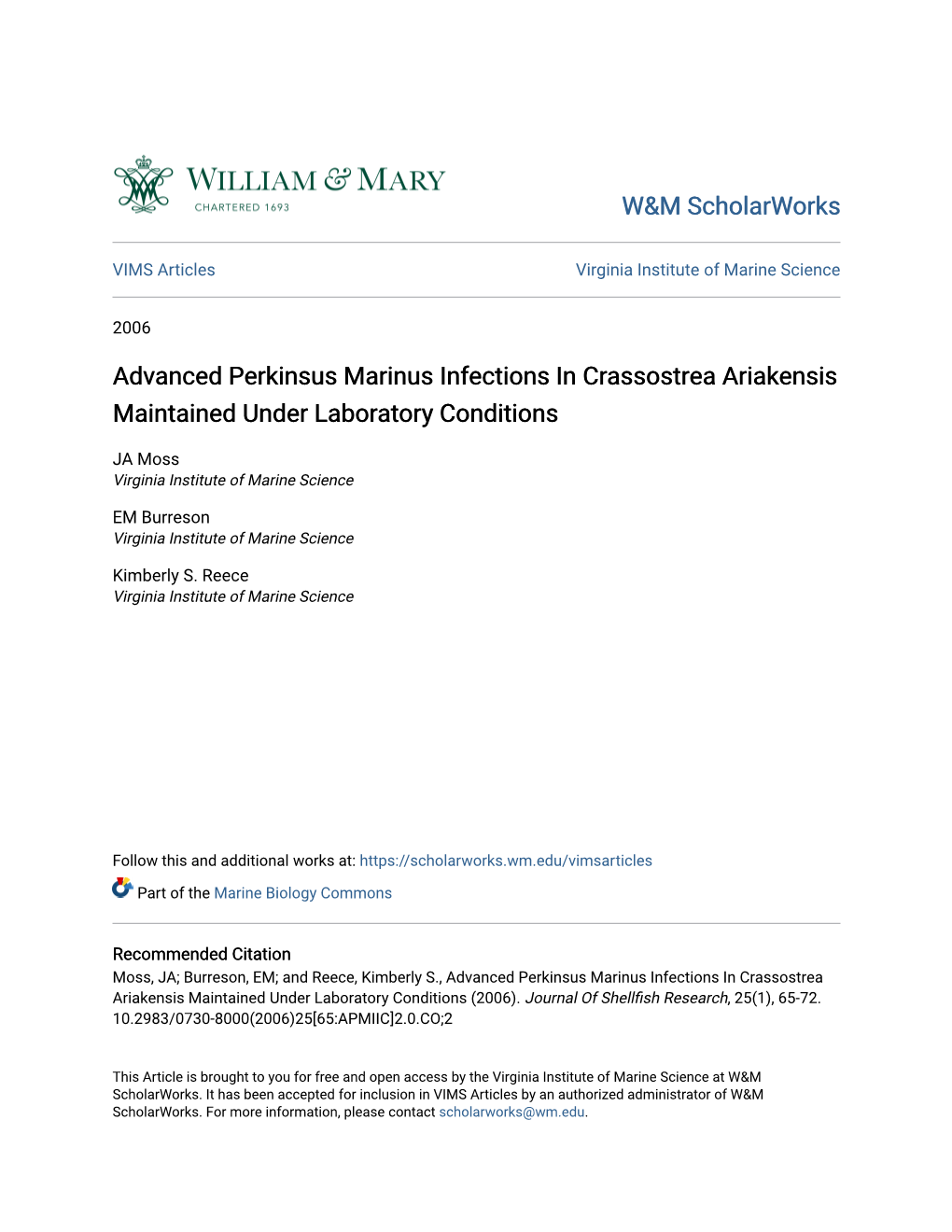 Advanced Perkinsus Marinus Infections in Crassostrea Ariakensis Maintained Under Laboratory Conditions