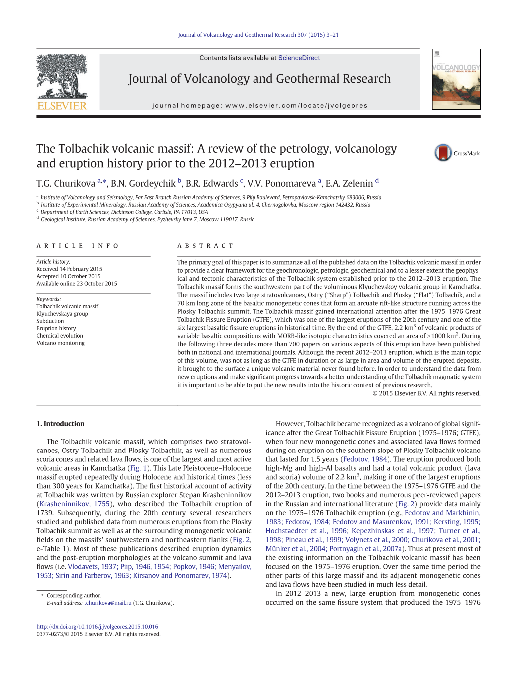 Churikova T.G. Et Al. (2015) the Tolbachik Volcanic Massif: a Review