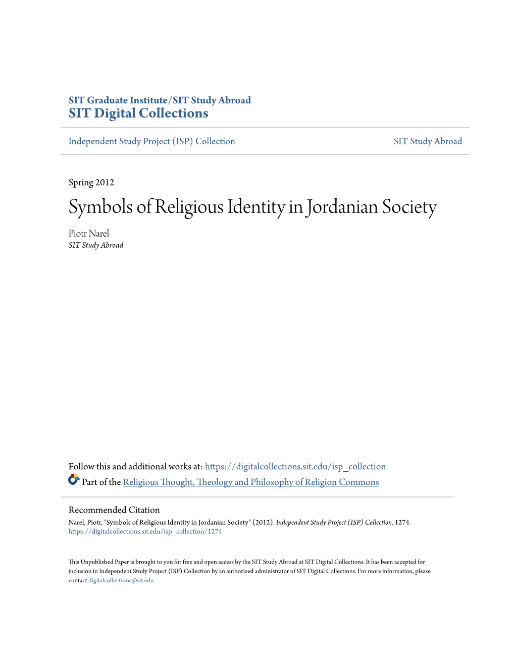 Symbols of Religious Identity in Jordanian Society Piotr Narel SIT Study Abroad