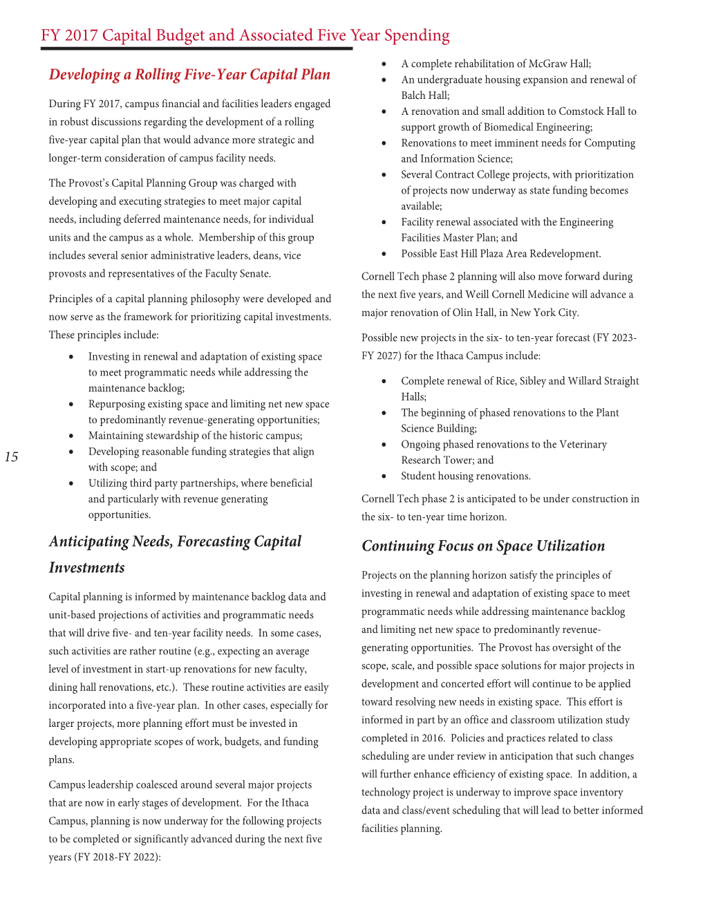 FY 2017 Capital Budget and Associated Five Year Spending