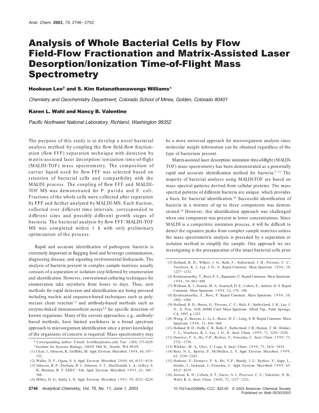 Analysis of Whole Bacterial Cells by Flow Field-Flow Fractionation and Matrix-Assisted Laser Desorption/Ionization Time-Of-Flight Mass Spectrometry